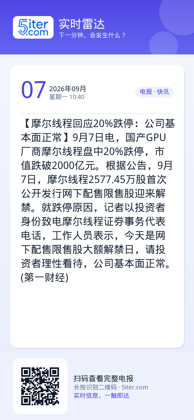 【摩尔线程回应20%跌停：公司基本面正常】9月7日电，国产GPU厂商摩尔线程盘中20%跌停，市值跌破2000亿元。根据公