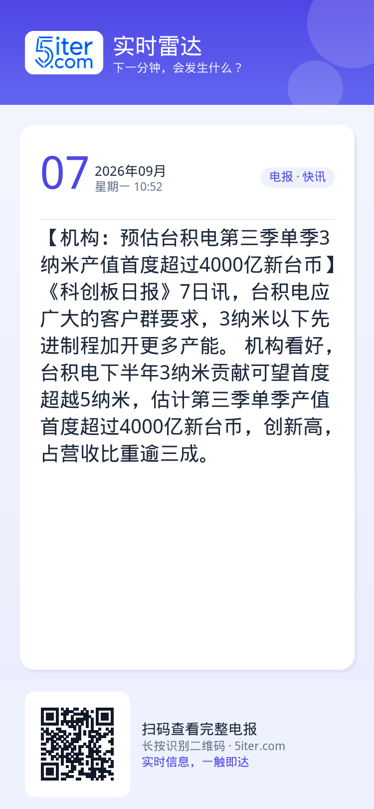 【机构：预估台积电第三季单季3纳米产值首度超过4000亿新台币】《科创板日报》7日讯，台积电应广大的客户群要求，3纳米以