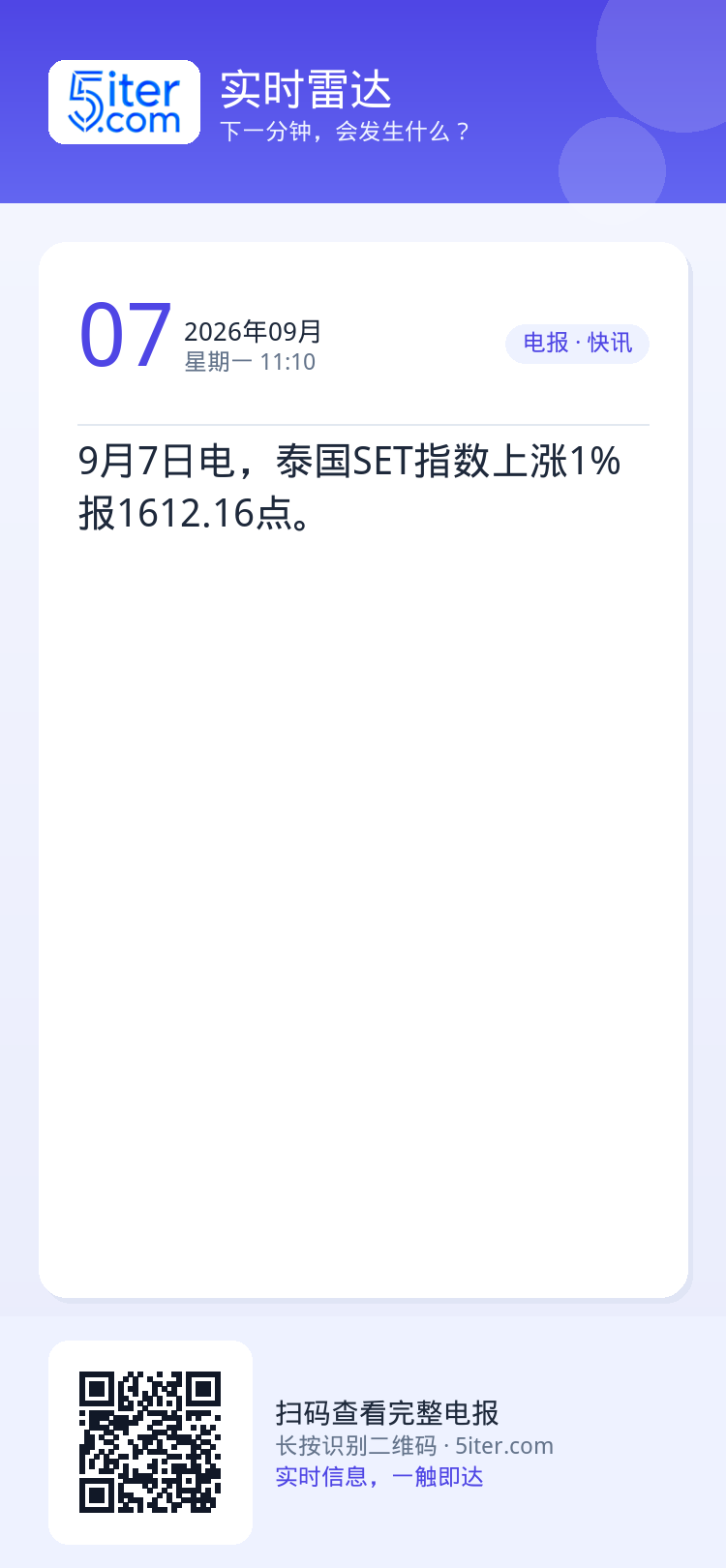 9月7日电，泰国SET指数上涨1%报1612.16点。