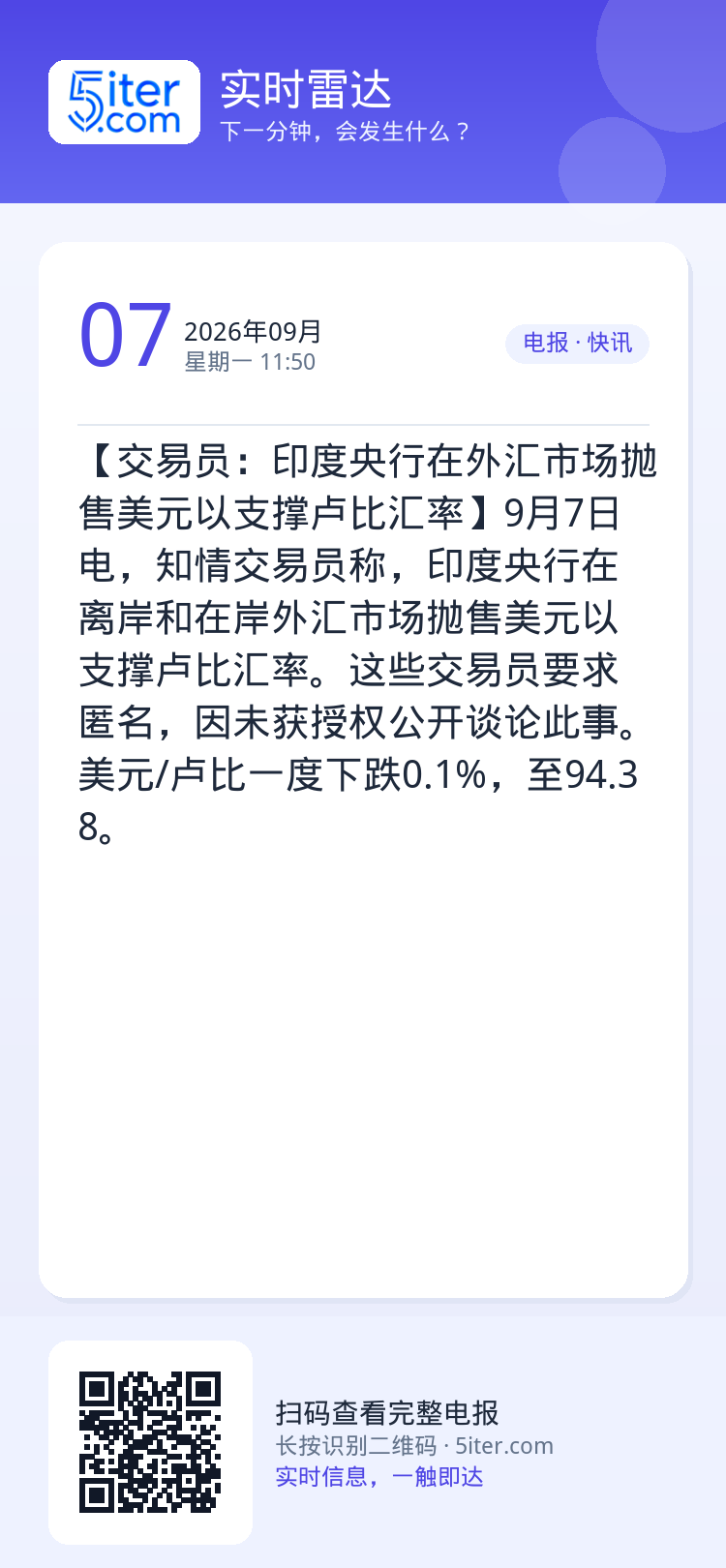 【交易员：印度央行在外汇市场抛售美元以支撑卢比汇率】9月7日电，知情交易员称，印度央行在离岸和在岸外汇市场抛售美元以支撑