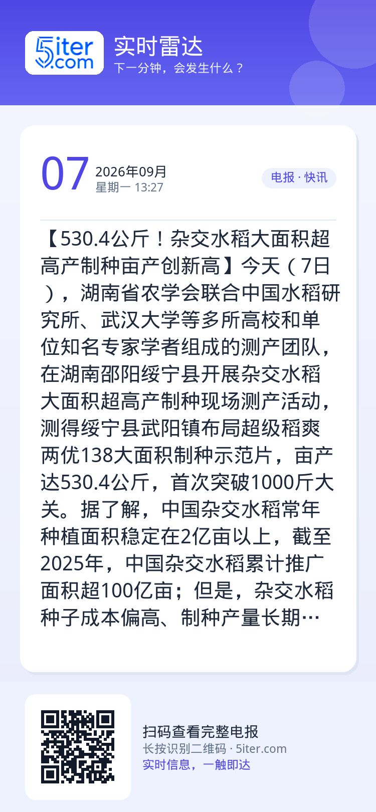 【530.4公斤！杂交水稻大面积超高产制种亩产创新高】今天（7日），湖南省农学会联合中国水稻研究所、武汉大学等多所高校和