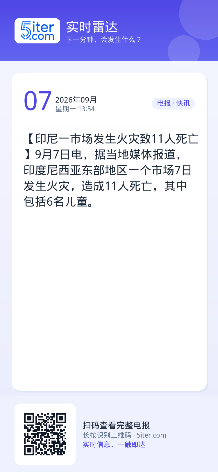 【印尼一市场发生火灾致11人死亡】9月7日电，据当地媒体报道，印度尼西亚东部地区一个市场7日发生火灾，造成11人死亡，其