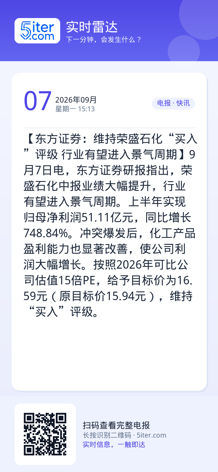 【东方证券：维持荣盛石化“买入”评级 行业有望进入景气周期】9月7日电，东方证券研报指出，荣盛石化中报业绩大幅提升，行业
