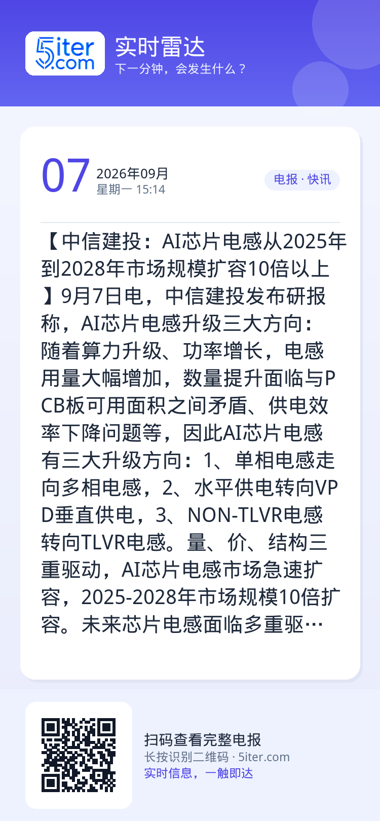 【中信建投：AI芯片电感从2025年到2028年市场规模扩容10倍以上】9月7日电，中信建投发布研报称，AI芯片电感升级