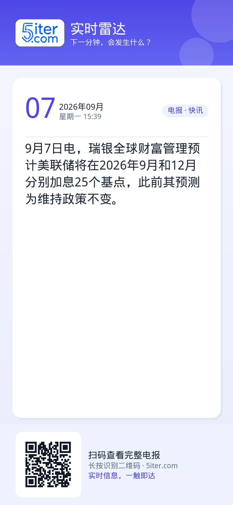 9月7日电，瑞银全球财富管理预计美联储将在2026年9月和12月分别加息25个基点，此前其预测为维持政策不变。