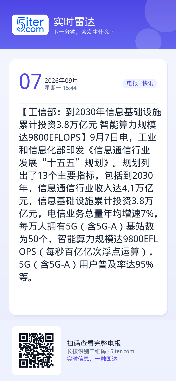 【工信部：到2030年信息基础设施累计投资3.8万亿元 智能算力规模达9800EFLOPS】9月7日电，工业和信息化部印