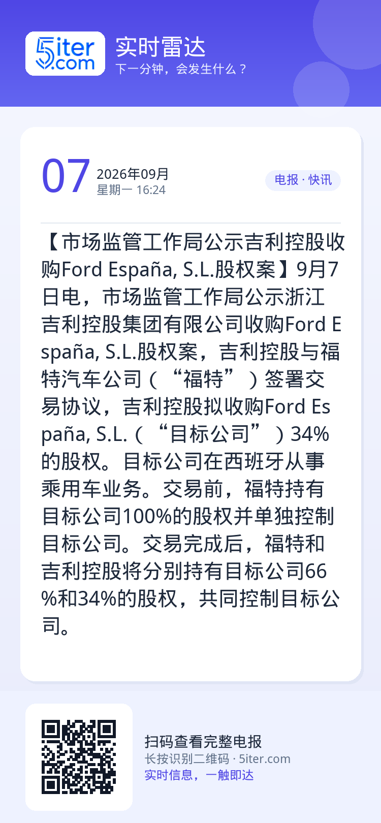【市场监管工作局公示吉利控股收购Ford España, S.L.股权案】9月7日电，市场监管工作局公示浙江吉利控股集团