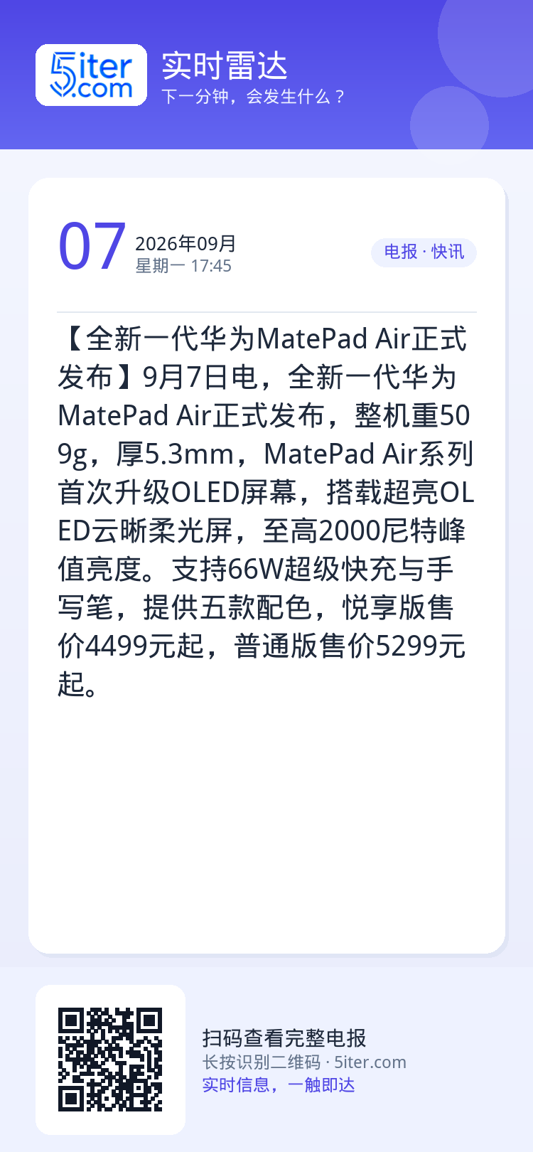 【全新一代华为MatePad Air正式发布】9月7日电，全新一代华为MatePad Air正式发布，整机重509g，厚