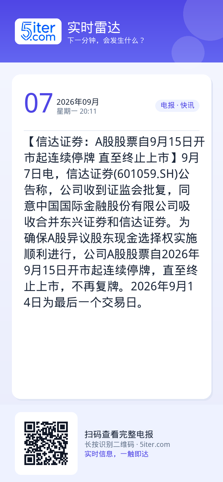 【信达证券：A股股票自9月15日开市起连续停牌 直至终止上市】9月7日电，信达证券(601059.SH)公告称，公司收到