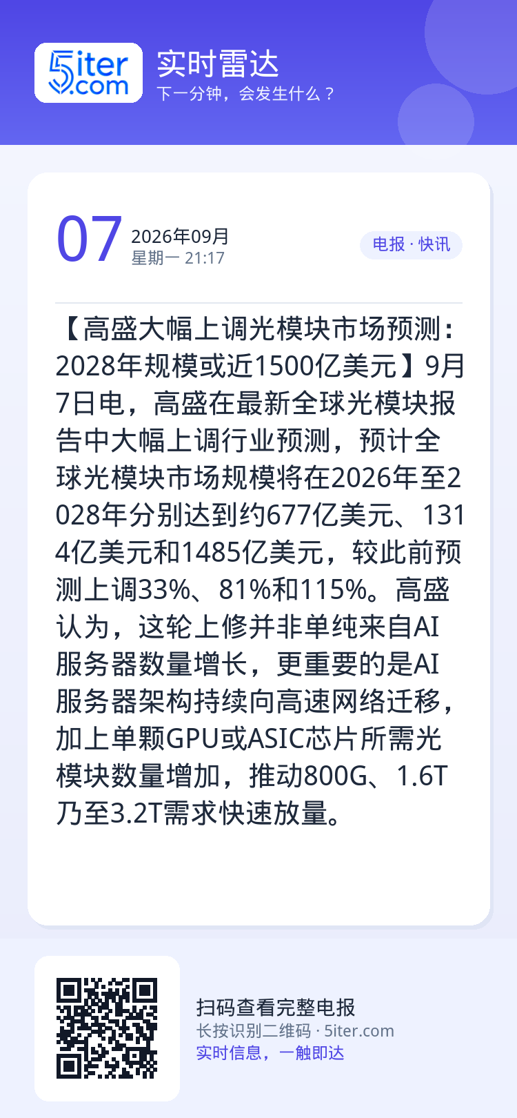 【高盛大幅上调光模块市场预测：2028年规模或近1500亿美元】9月7日电，高盛在最新全球光模块报告中大幅上调行业预测，