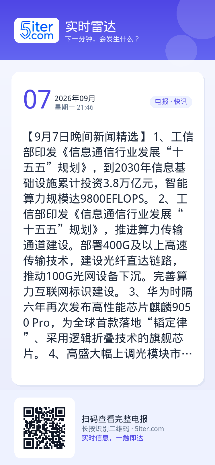 【9月7日晚间新闻精选】
1、工信部印发《信息通信行业发展“十五五”规划》，到2030年信息基础设施累计投资3.8万亿元