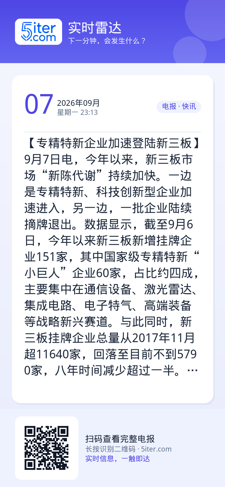【专精特新企业加速登陆新三板】9月7日电，今年以来，新三板市场“新陈代谢”持续加快。一边是专精特新、科技创新型企业加速进