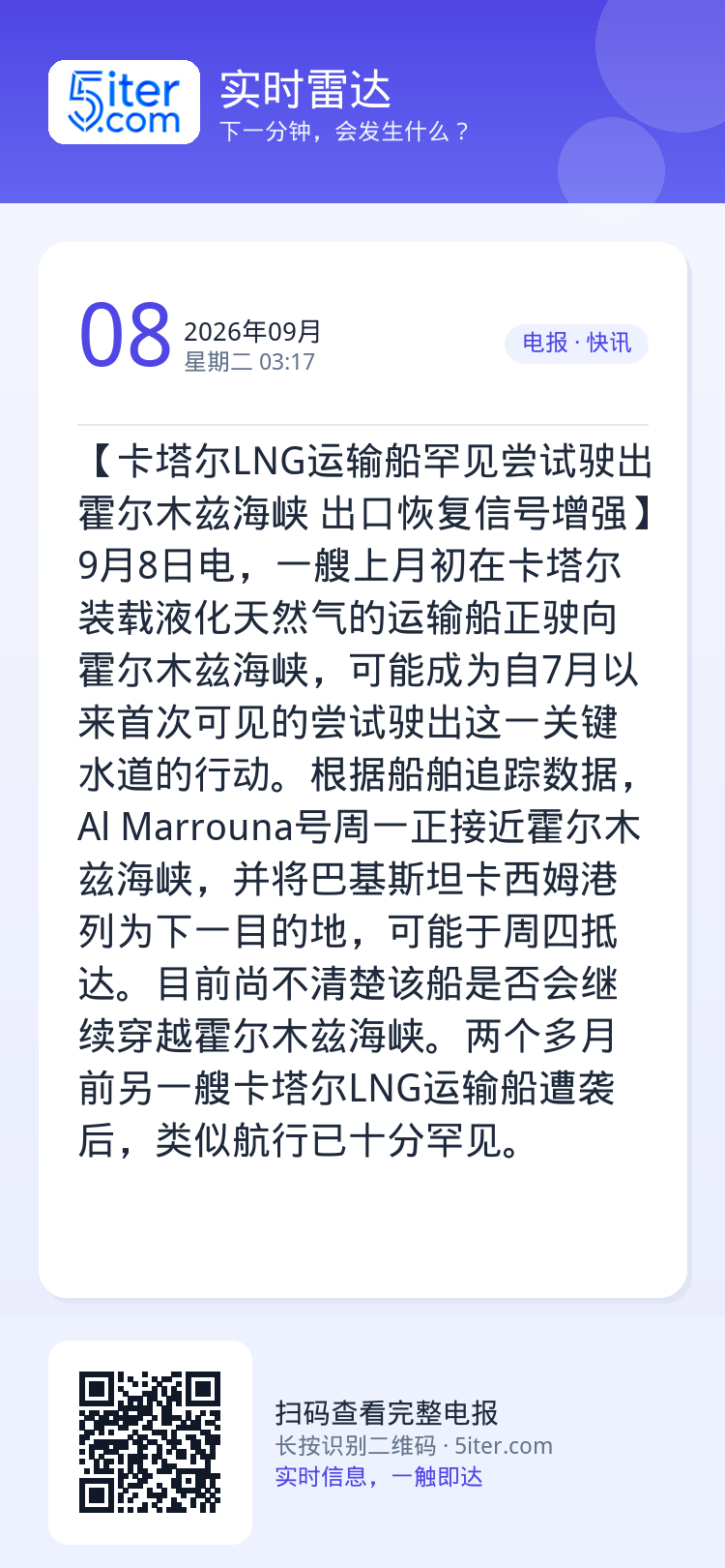 【卡塔尔LNG运输船罕见尝试驶出霍尔木兹海峡 出口恢复信号增强】9月8日电，一艘上月初在卡塔尔装载液化天然气的运输船正驶