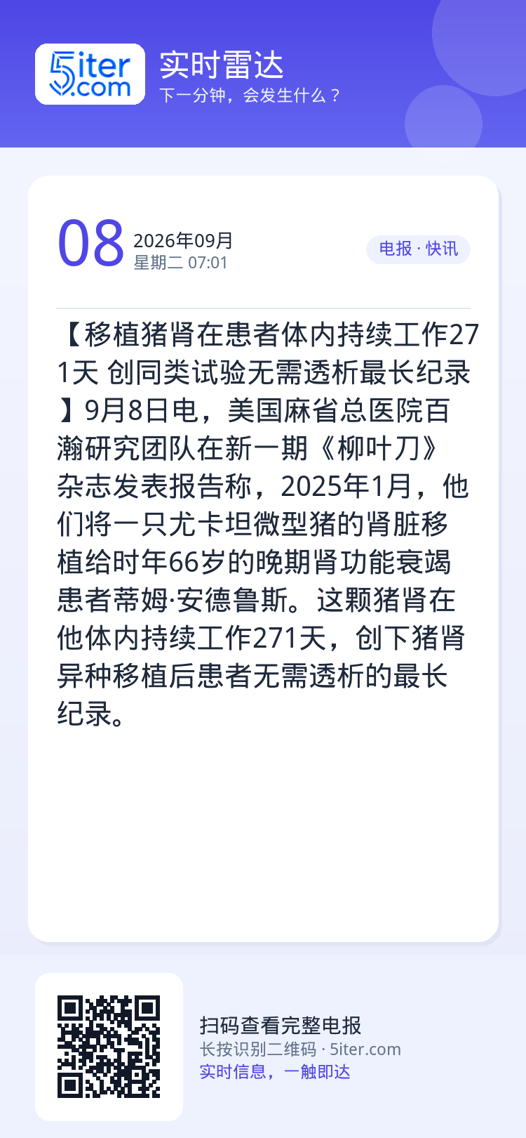 【移植猪肾在患者体内持续工作271天 创同类试验无需透析最长纪录】9月8日电，美国麻省总医院百瀚研究团队在新一期《柳叶刀