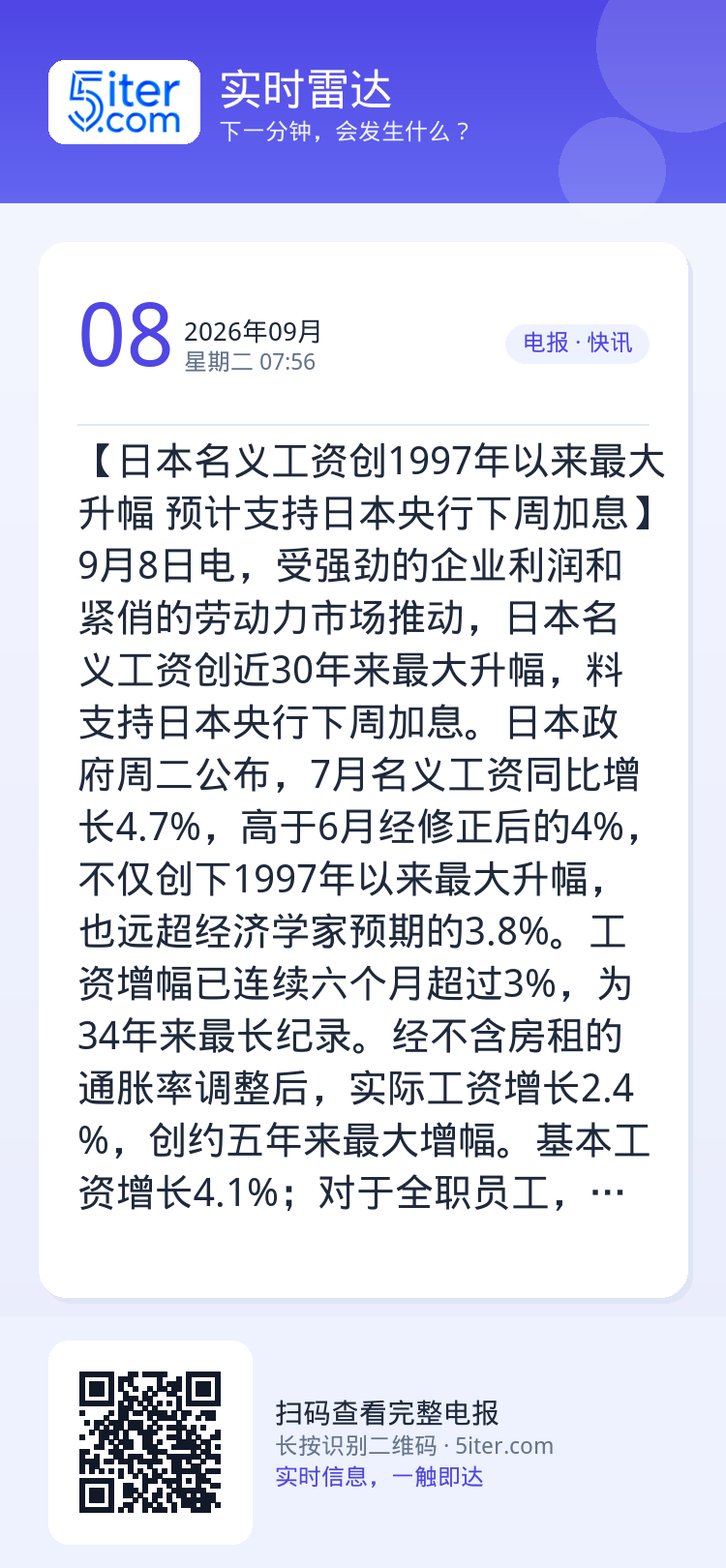 【日本名义工资创1997年以来最大升幅 预计支持日本央行下周加息】9月8日电，受强劲的企业利润和紧俏的劳动力市场推动，日