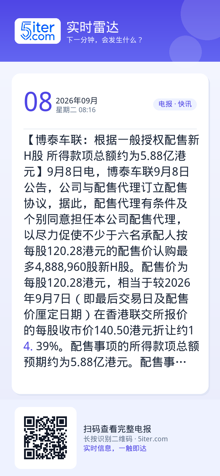 【博泰车联：根据一般授权配售新H股 所得款项总额约为5.88亿港元】9月8日电，博泰车联9月8日公告，公司与配售代理订立