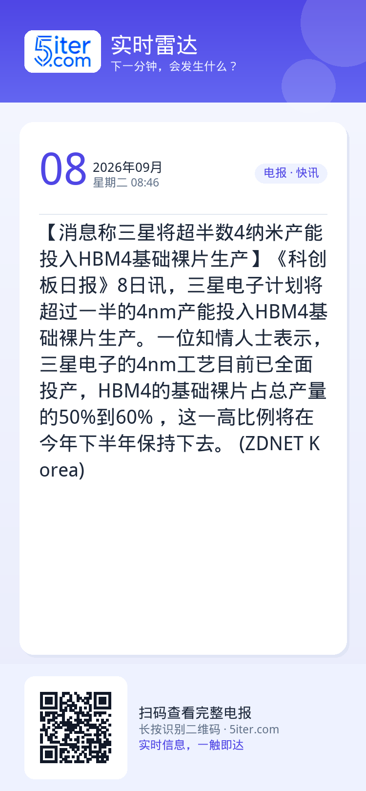 【消息称三星将超半数4纳米产能投入HBM4基础裸片生产】《科创板日报》8日讯，三星电子计划将超过一半的4nm产能投入HB