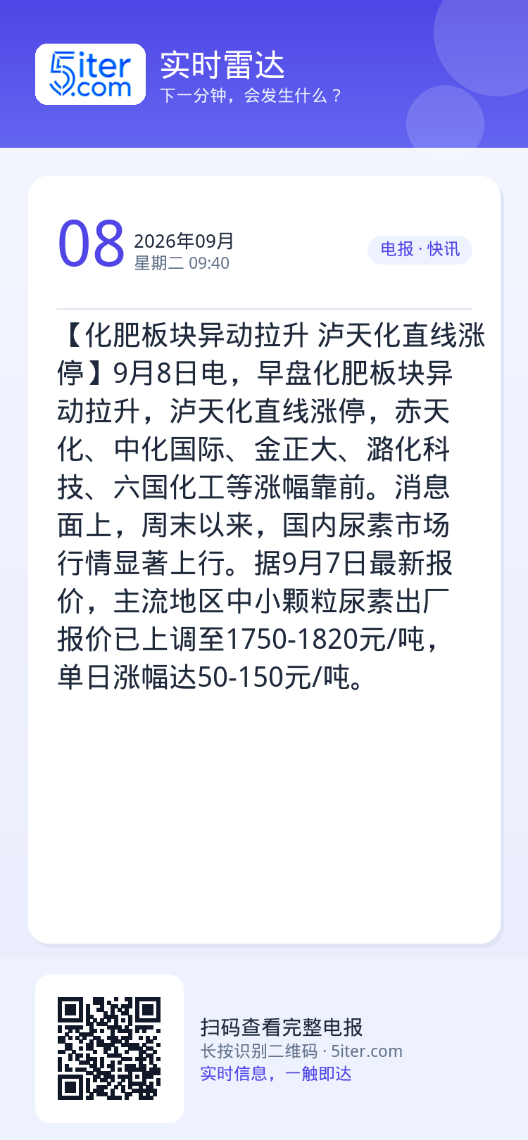 【化肥板块异动拉升 泸天化直线涨停】9月8日电，早盘化肥板块异动拉升，泸天化直线涨停，赤天化、中化国际、金正大、潞化科技