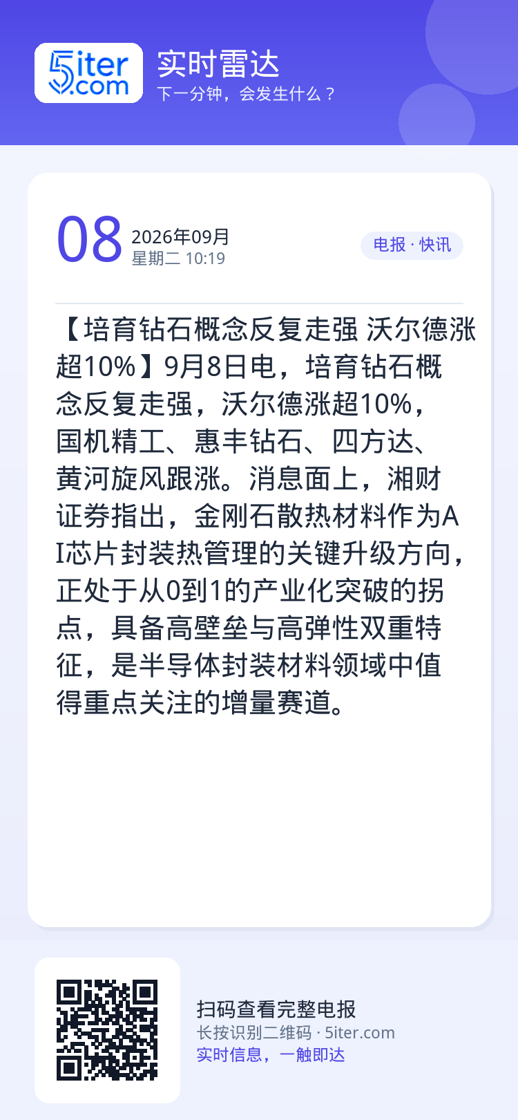 【培育钻石概念反复走强 沃尔德涨超10%】9月8日电，培育钻石概念反复走强，沃尔德涨超10%，国机精工、惠丰钻石、四方达
