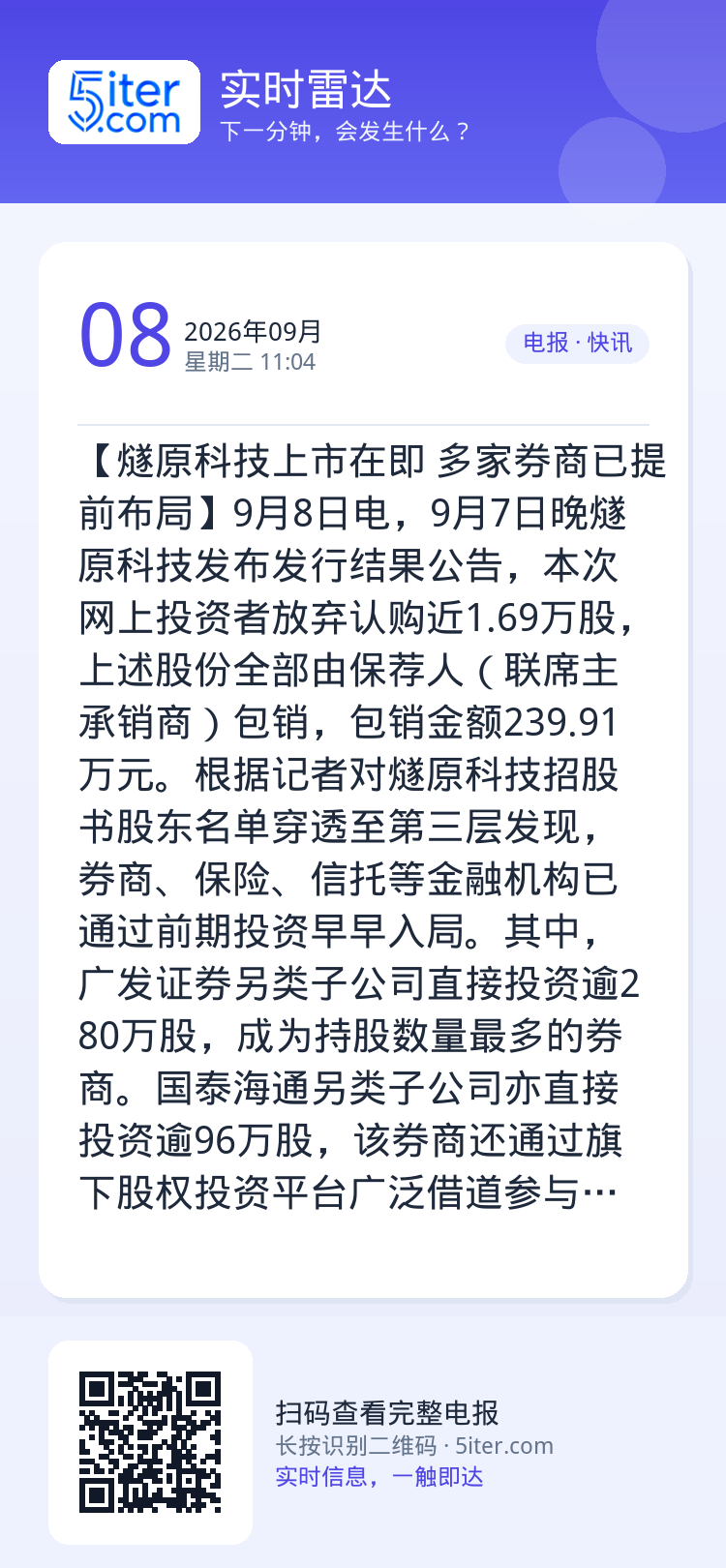 【燧原科技上市在即 多家券商已提前布局】9月8日电，9月7日晚燧原科技发布发行结果公告，本次网上投资者放弃认购近1.69