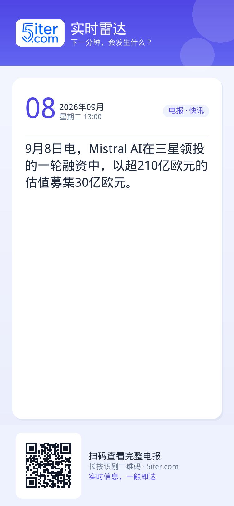 9月8日电，Mistral AI在三星领投的一轮融资中，以超210亿欧元的估值募集30亿欧元。