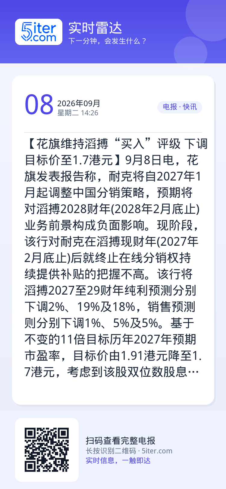 【花旗维持滔搏“买入”评级 下调目标价至1.7港元】9月8日电，花旗发表报告称，耐克将自2027年1月起调整中国分销策略