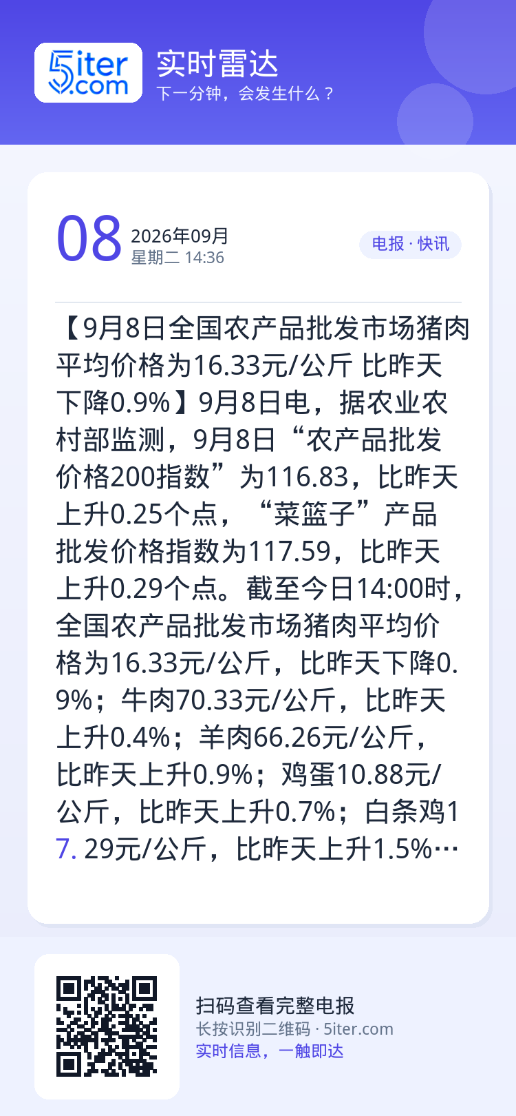 【9月8日全国农产品批发市场猪肉平均价格为16.33元/公斤 比昨天下降0.9%】9月8日电，据农业农村部监测，9月8日
