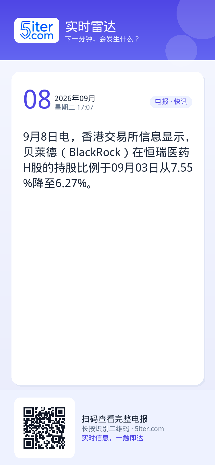 9月8日电，香港交易所信息显示，贝莱德（BlackRock）在恒瑞医药H股的持股比例于09月03日从7.55%降至6.2