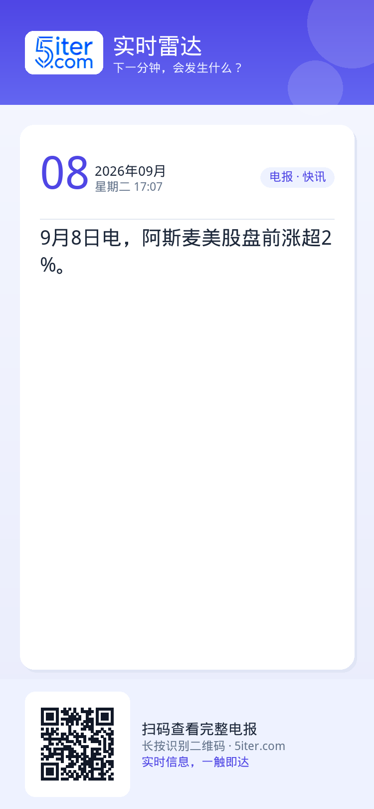 9月8日电，阿斯麦美股盘前涨超2%。