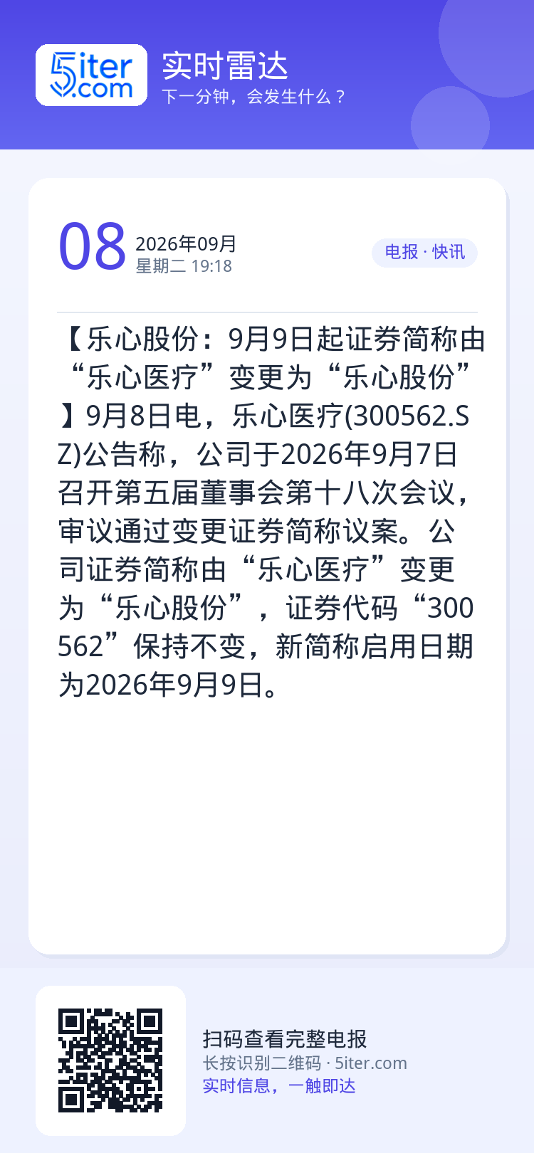 【乐心股份：9月9日起证券简称由“乐心医疗”变更为“乐心股份”】9月8日电，乐心医疗(300562.SZ)公告称，公司于