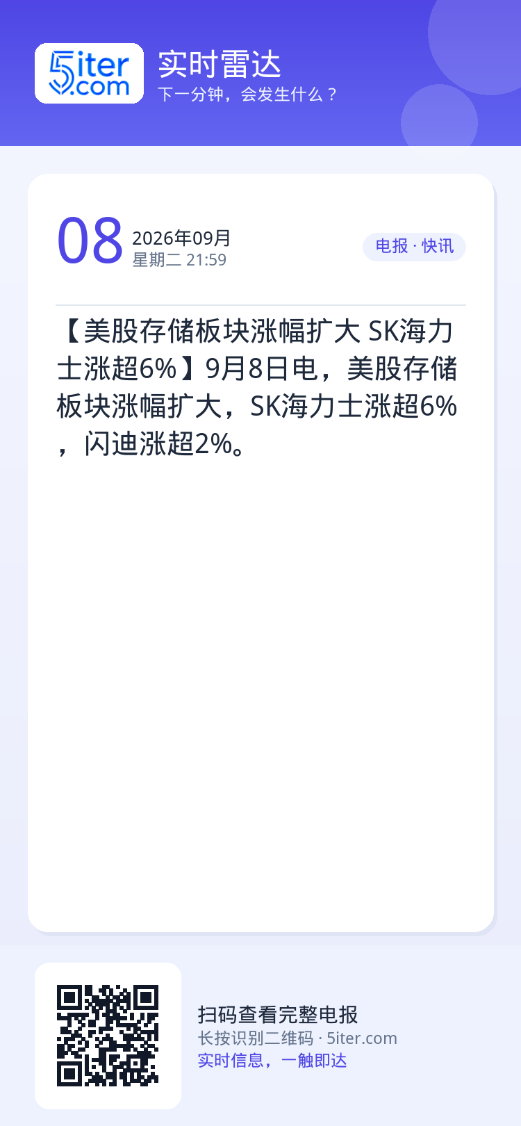 【美股存储板块涨幅扩大 SK海力士涨超6%】9月8日电，美股存储板块涨幅扩大，SK海力士涨超6%，闪迪涨超2%。