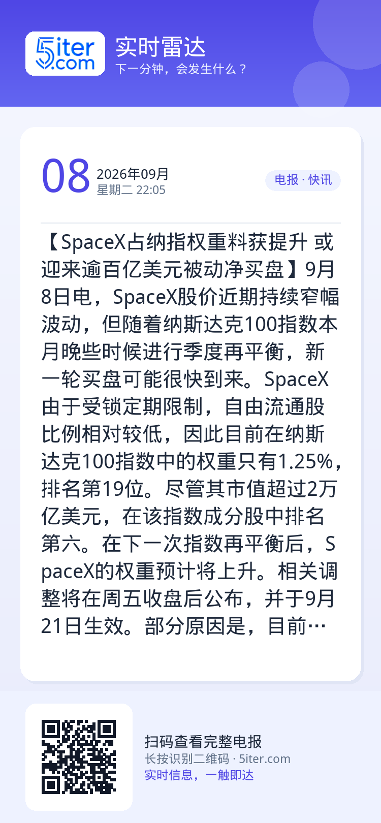 【SpaceX占纳指权重料获提升 或迎来逾百亿美元被动净买盘】9月8日电，SpaceX股价近期持续窄幅波动，但随着纳斯达