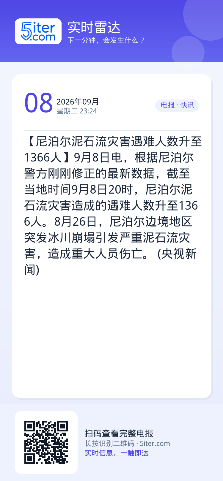【尼泊尔泥石流灾害遇难人数升至1366人】9月8日电，根据尼泊尔警方刚刚修正的最新数据，截至当地时间9月8日20时，尼泊