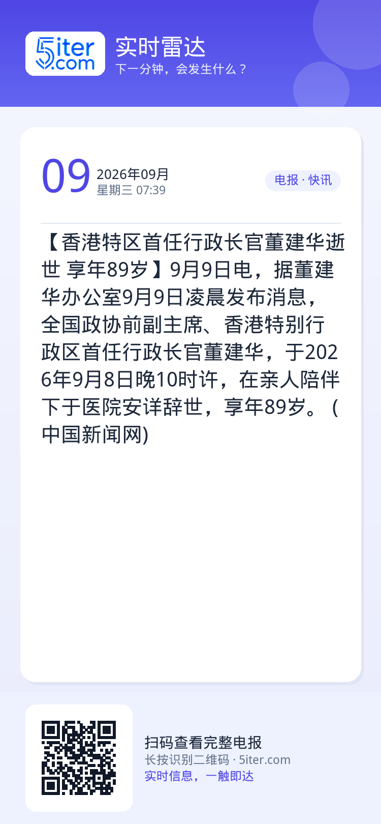 【香港特区首任行政长官董建华逝世 享年89岁】9月9日电，据董建华办公室9月9日凌晨发布消息，全国政协前副主席、香港特别