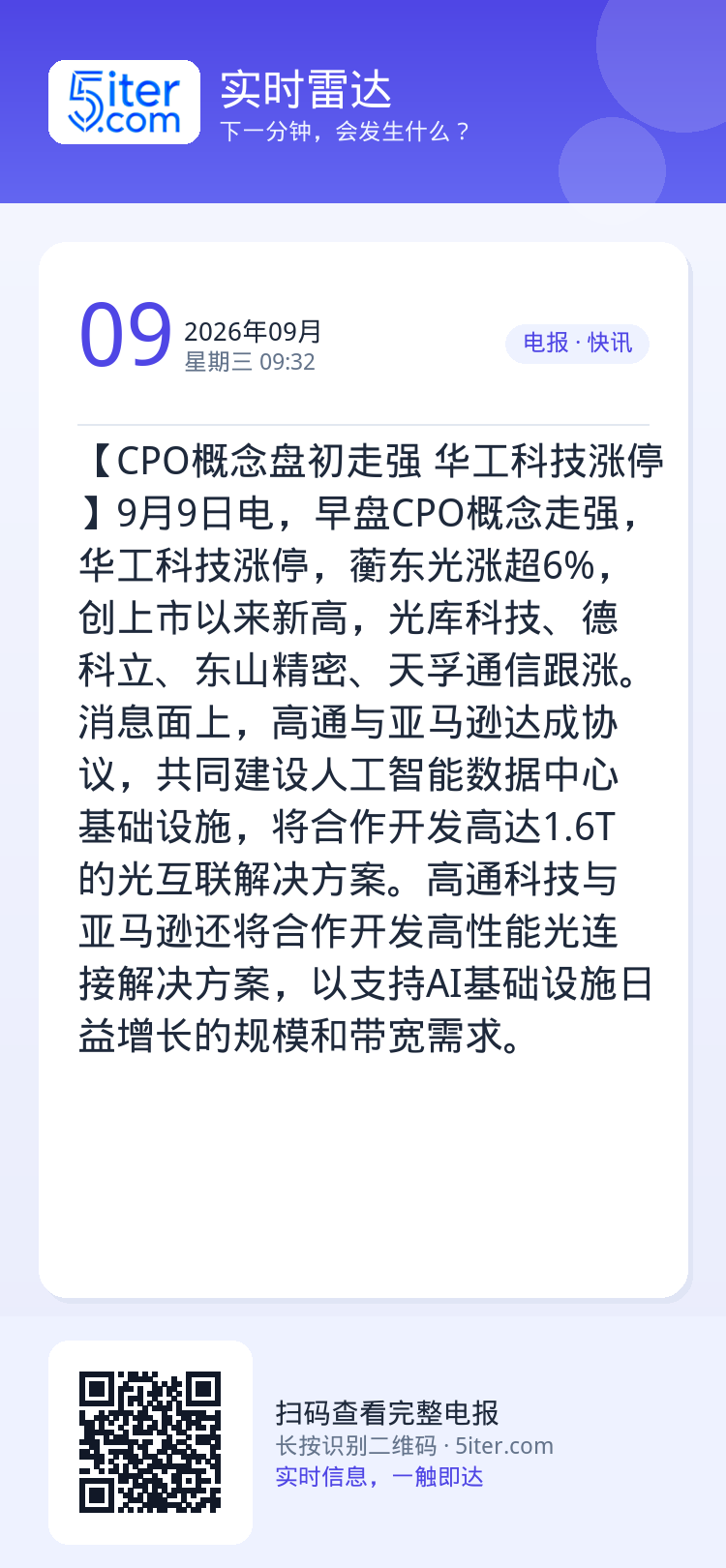 【CPO概念盘初走强 华工科技涨停】9月9日电，早盘CPO概念走强，华工科技涨停，蘅东光涨超6%，创上市以来新高，光库科