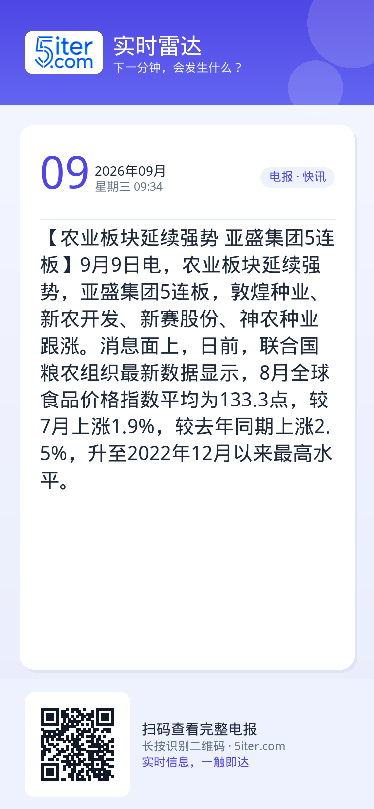 【农业板块延续强势 亚盛集团5连板】9月9日电，农业板块延续强势，亚盛集团5连板，敦煌种业、新农开发、新赛股份、神农种业