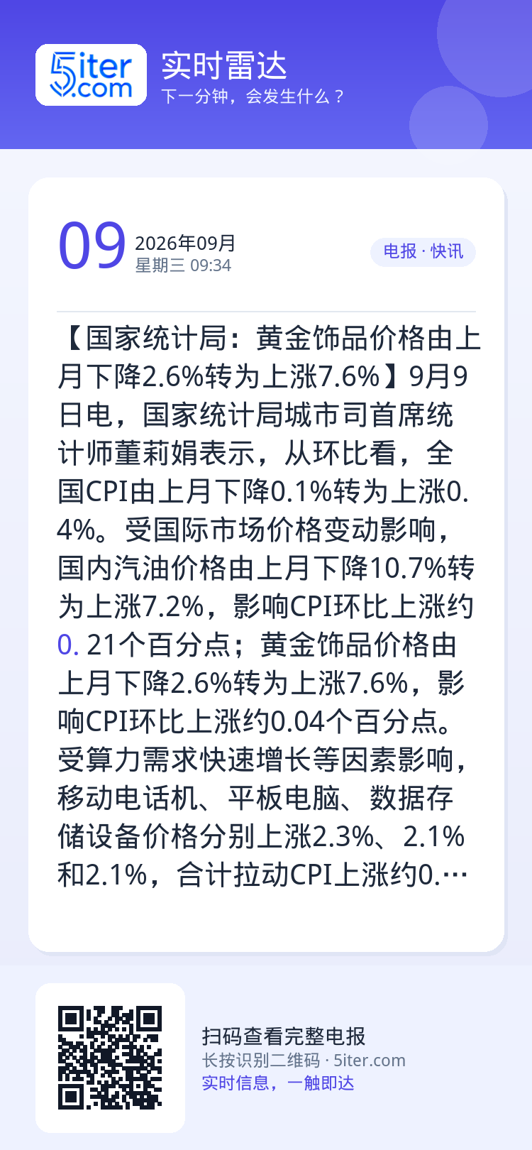 【国家统计局：黄金饰品价格由上月下降2.6%转为上涨7.6%】9月9日电，国家统计局城市司首席统计师董莉娟表示，从环比看