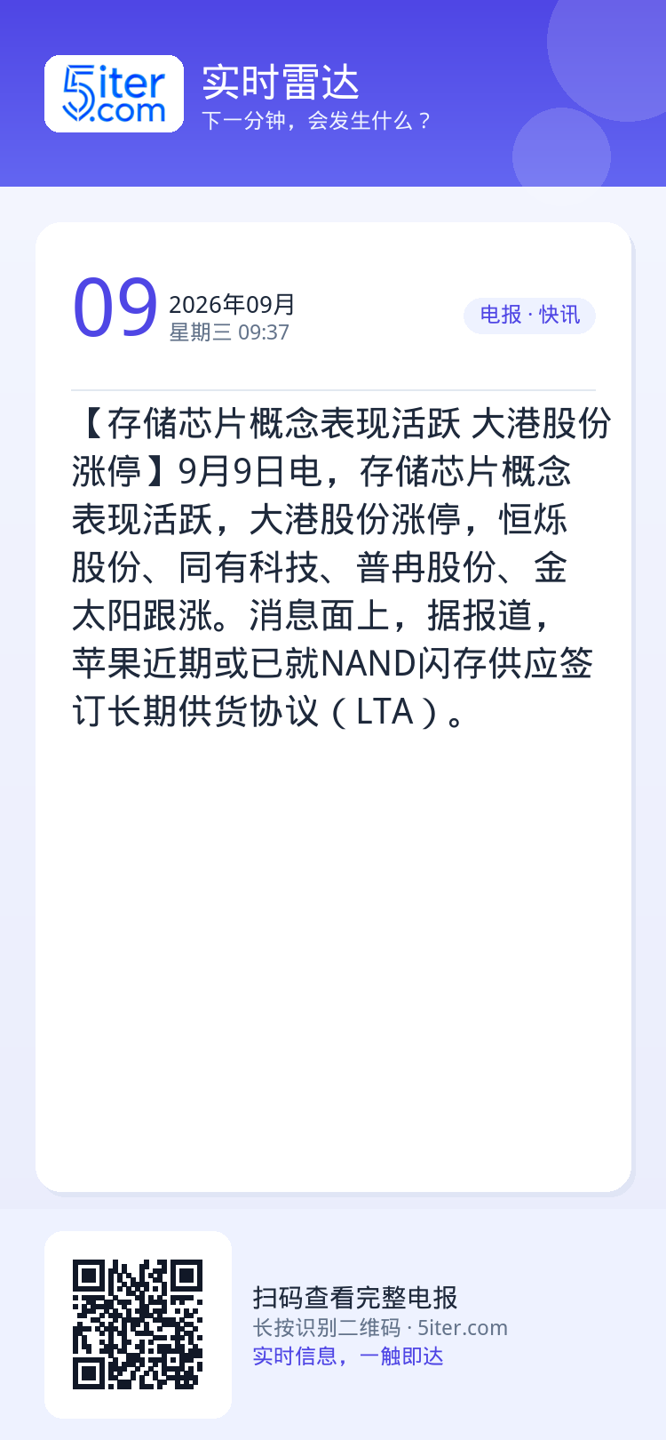【存储芯片概念表现活跃 大港股份涨停】9月9日电，存储芯片概念表现活跃，大港股份涨停，恒烁股份、同有科技、普冉股份、金太