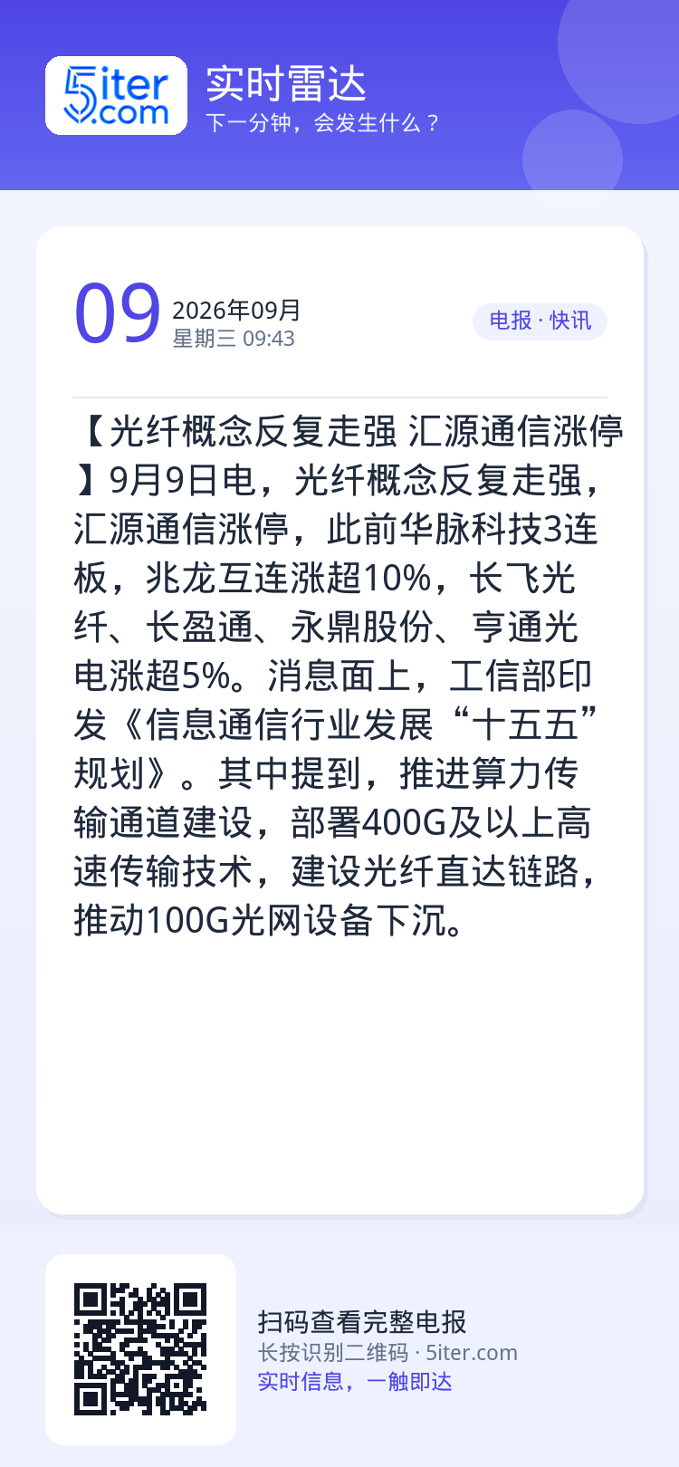 【光纤概念反复走强 汇源通信涨停】9月9日电，光纤概念反复走强，汇源通信涨停，此前华脉科技3连板，兆龙互连涨超10%，长