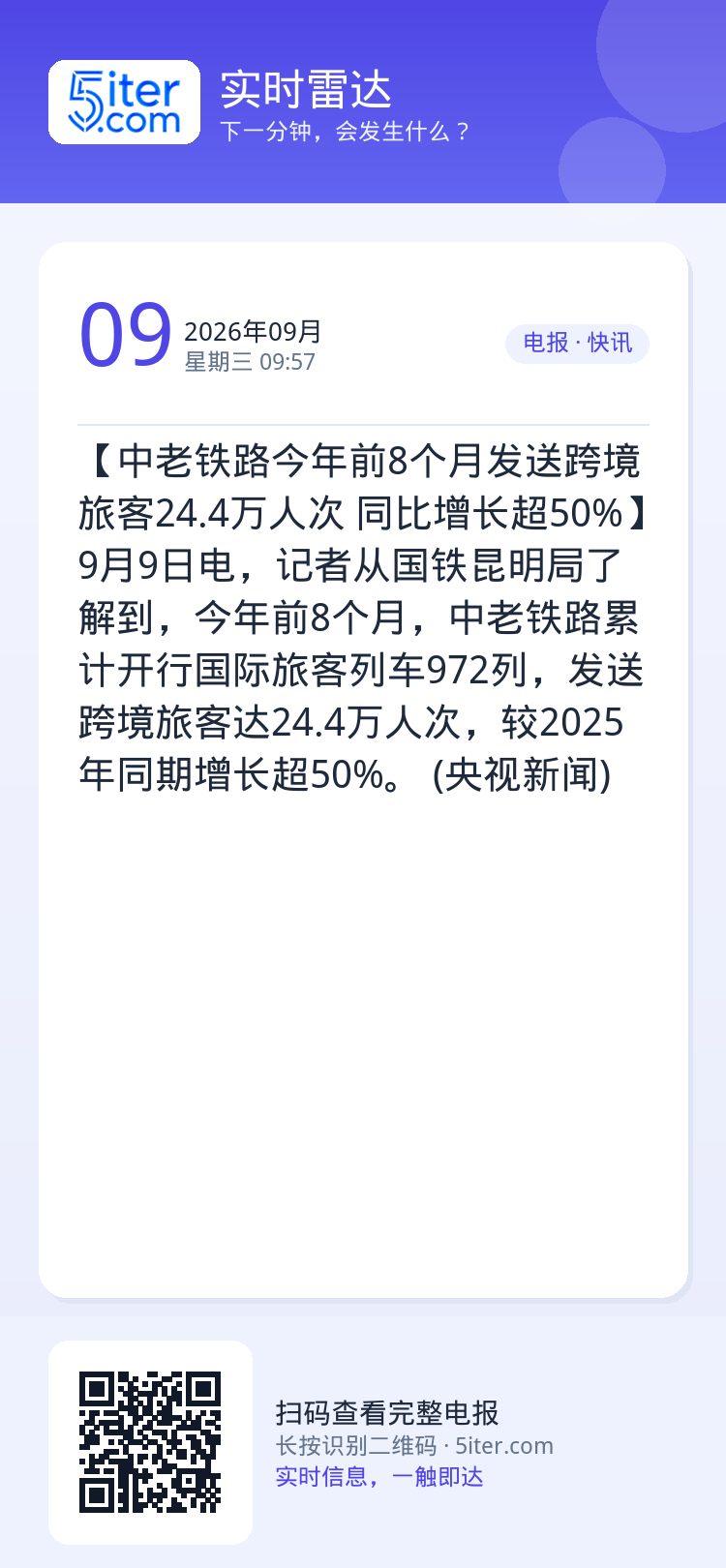 【中老铁路今年前8个月发送跨境旅客24.4万人次 同比增长超50%】9月9日电，记者从国铁昆明局了解到，今年前8个月，中