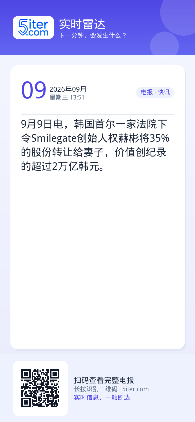 9月9日电，韩国首尔一家法院下令Smilegate创始人权赫彬将35%的股份转让给妻子，价值创纪录的超过2万亿韩元。