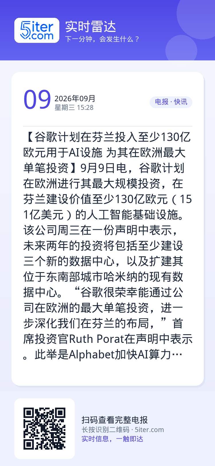 【谷歌计划在芬兰投入至少130亿欧元用于AI设施 为其在欧洲最大单笔投资】9月9日电，谷歌计划在欧洲进行其最大规模投资，