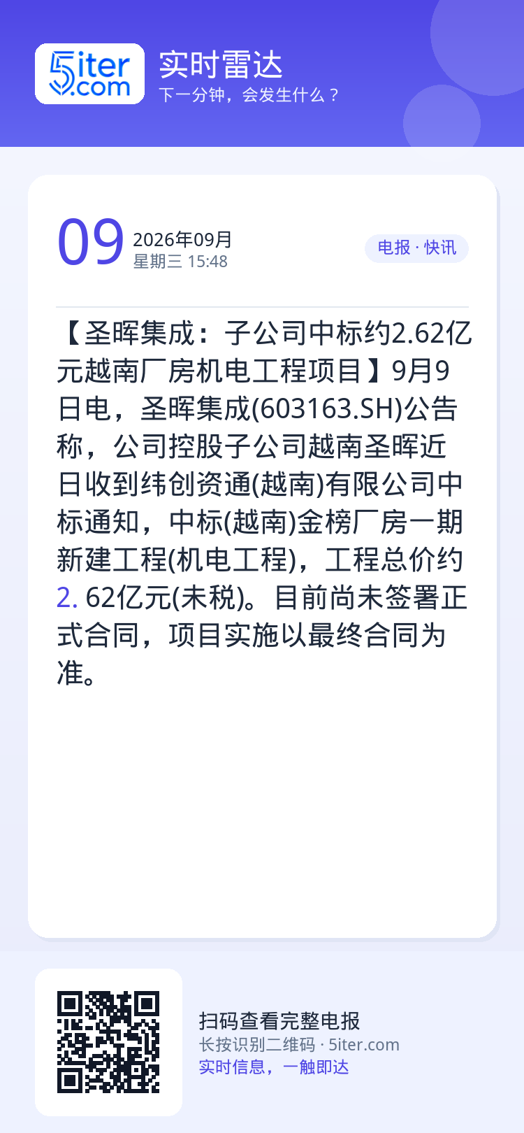 【圣晖集成：子公司中标约2.62亿元越南厂房机电工程项目】9月9日电，圣晖集成(603163.SH)公告称，公司控股子公