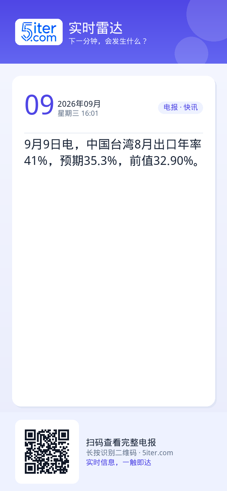 9月9日电，中国台湾8月出口年率41%，预期35.3%，前值32.90%。