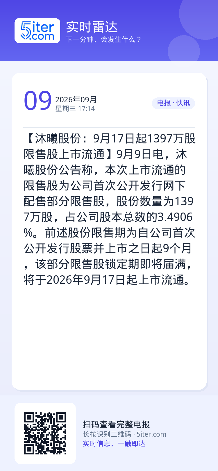【沐曦股份：9月17日起1397万股限售股上市流通】9月9日电，沐曦股份公告称，本次上市流通的限售股为公司首次公开发行网