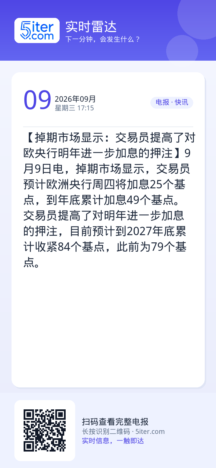 【掉期市场显示：交易员提高了对欧央行明年进一步加息的押注】9月9日电，掉期市场显示，交易员预计欧洲央行周四将加息25个基
