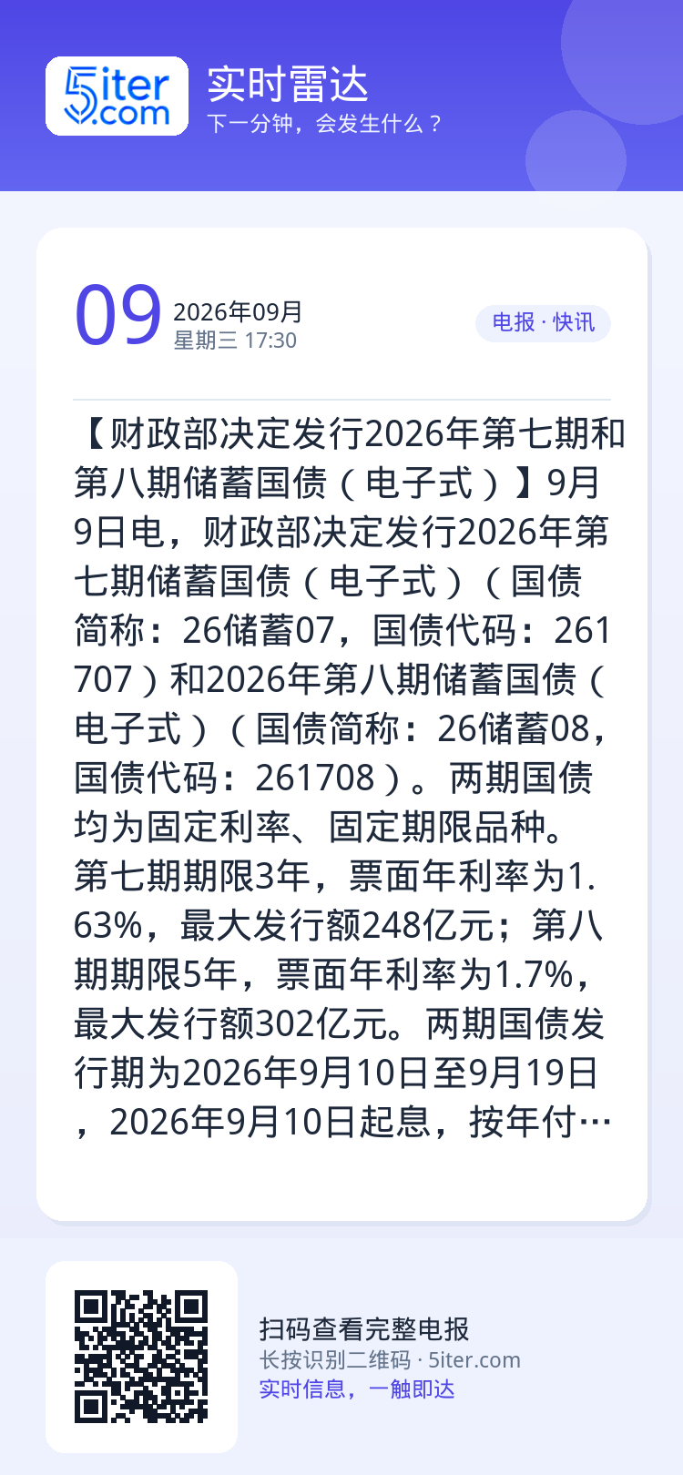 【财政部决定发行2026年第七期和第八期储蓄国债（电子式）】9月9日电，财政部决定发行2026年第七期储蓄国债（电子式）