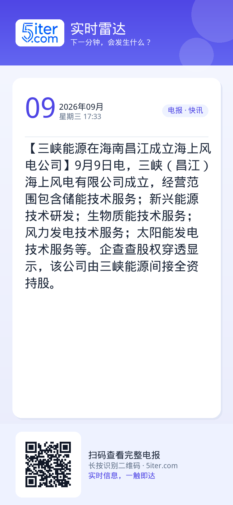 【三峡能源在海南昌江成立海上风电公司】9月9日电，三峡（昌江）海上风电有限公司成立，经营范围包含储能技术服务；新兴能源技