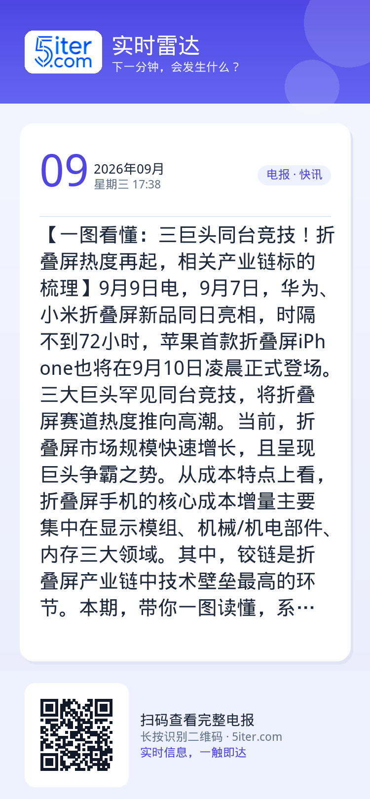 【一图看懂：三巨头同台竞技！折叠屏热度再起，相关产业链标的梳理】9月9日电，9月7日，华为、小米折叠屏新品同日亮相，时隔