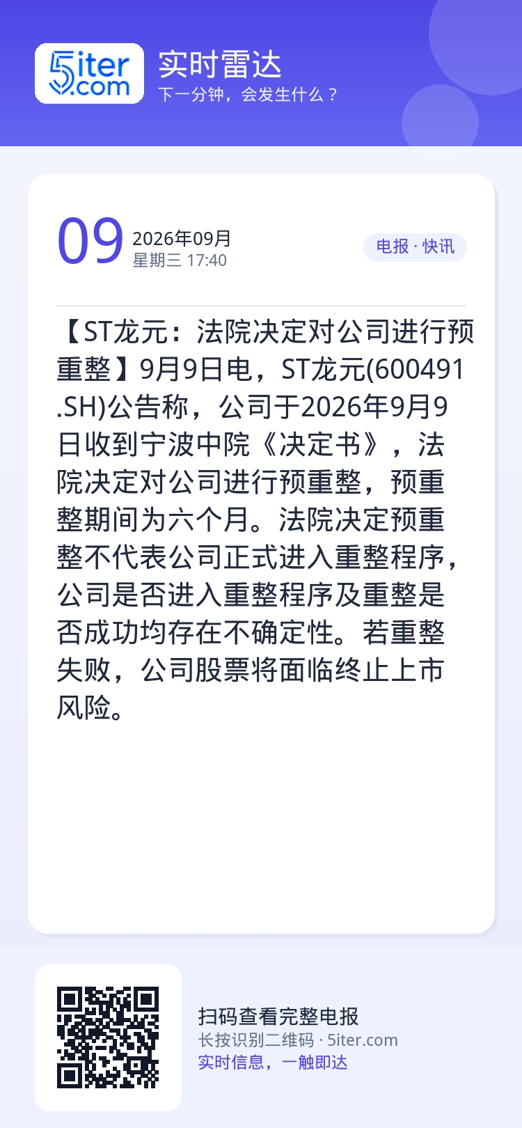 【ST龙元：法院决定对公司进行预重整】9月9日电，ST龙元(600491.SH)公告称，公司于2026年9月9日收到宁波